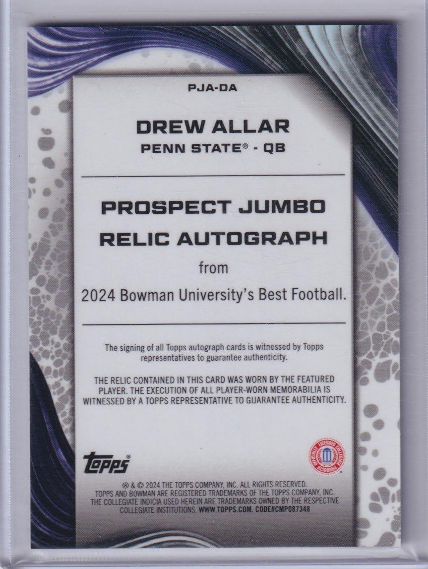 2024 Bowman University Best #PJA-DA Drew Allar Prospect Jumbo Relic Autographs