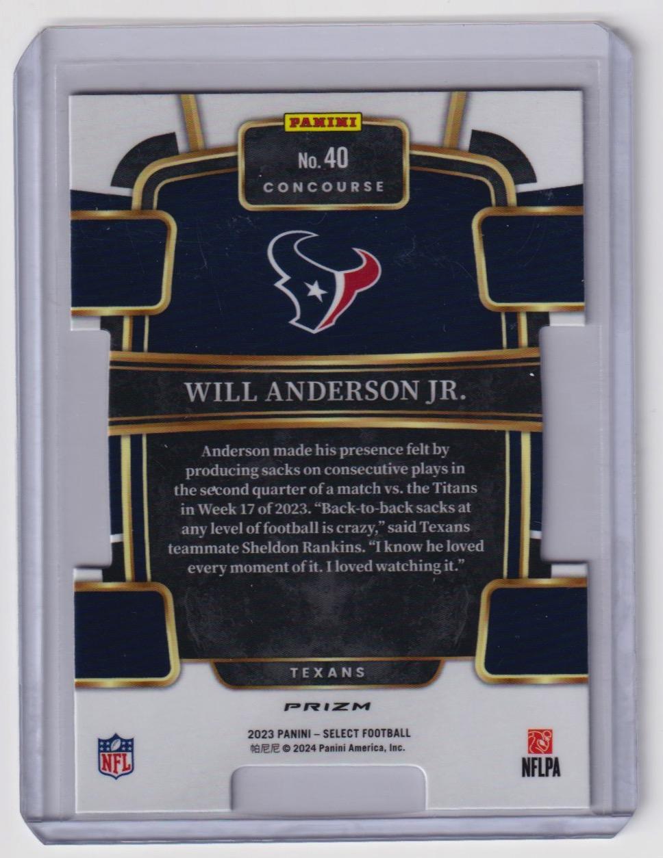 2023 Panini Select #40 Will Anderson Jr. Silver Prizms Die Cuts