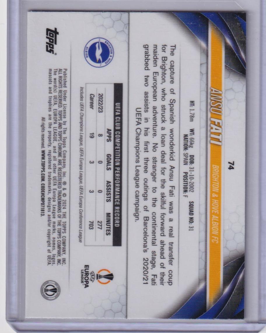 ANSU FATI 2023-24 Topps Chrome UEFA CC Purple Ray Wave Refractor /175 #74