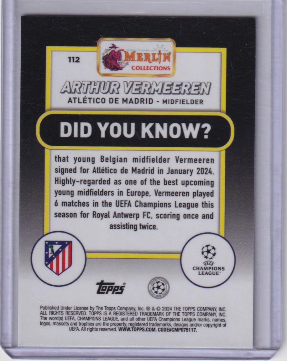 2023-24 Merlin UEFA Club Competitions #112 Arthur Vermeeren Aqua Prism Refractor