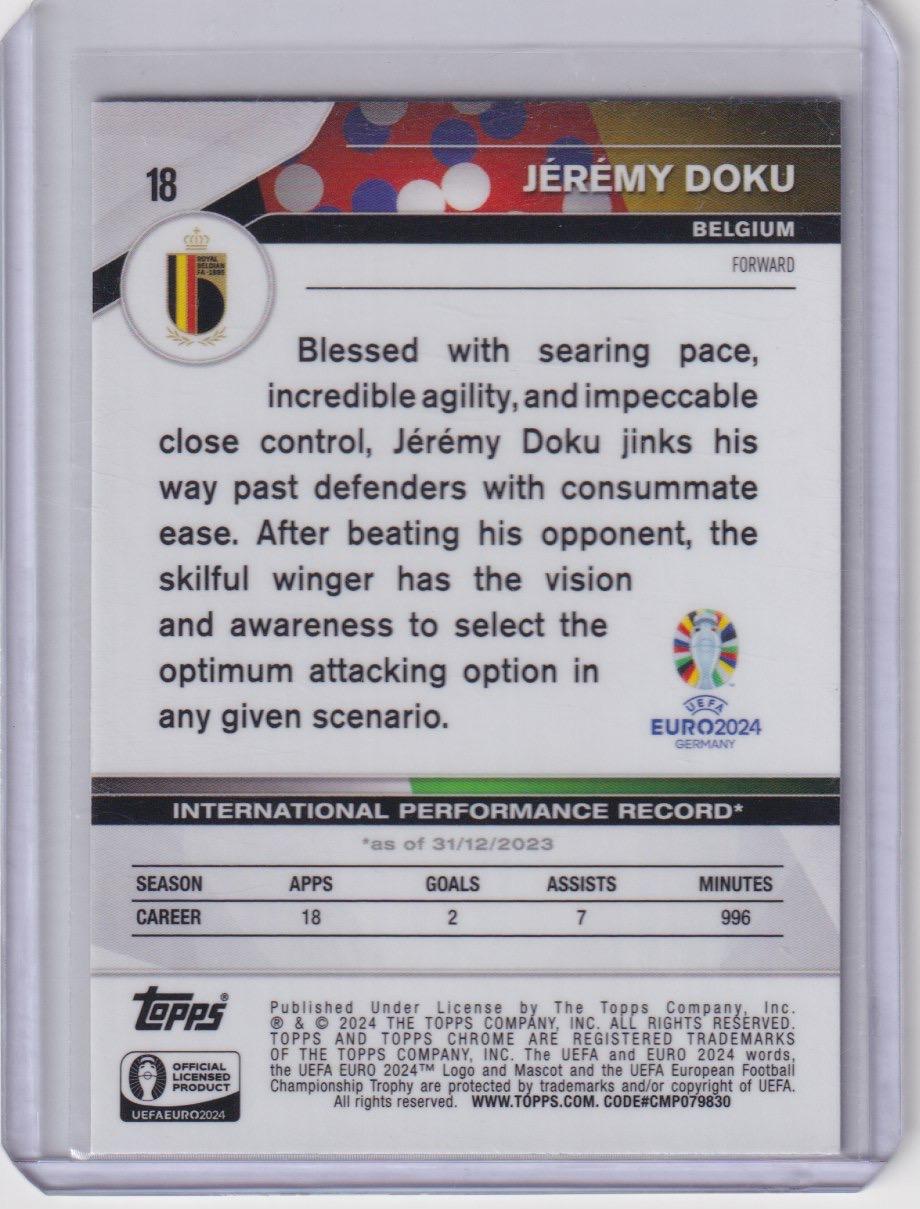 2024 Topps Chrome UEFA EURO #18 Jérémy Doku Green Ray Wave Refractor