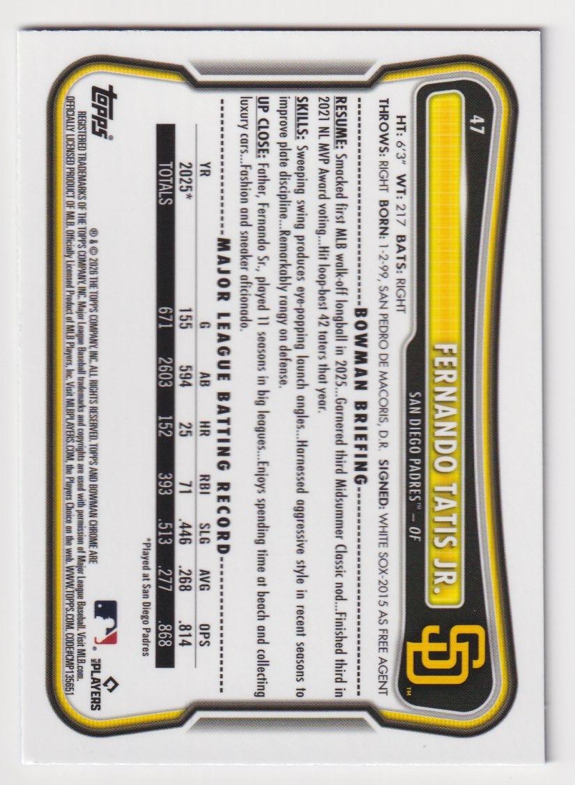 2026 Bowman #47 Fernando Tatis Jr. Chrome Mojo Blue Refractors #/150