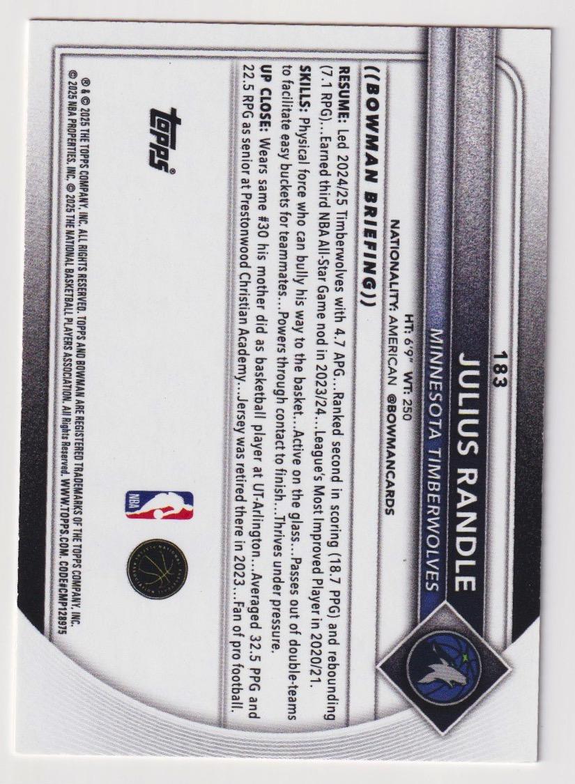 2025-26 Bowman #183 Julius Randle Orange Border #/25 Book End 25
