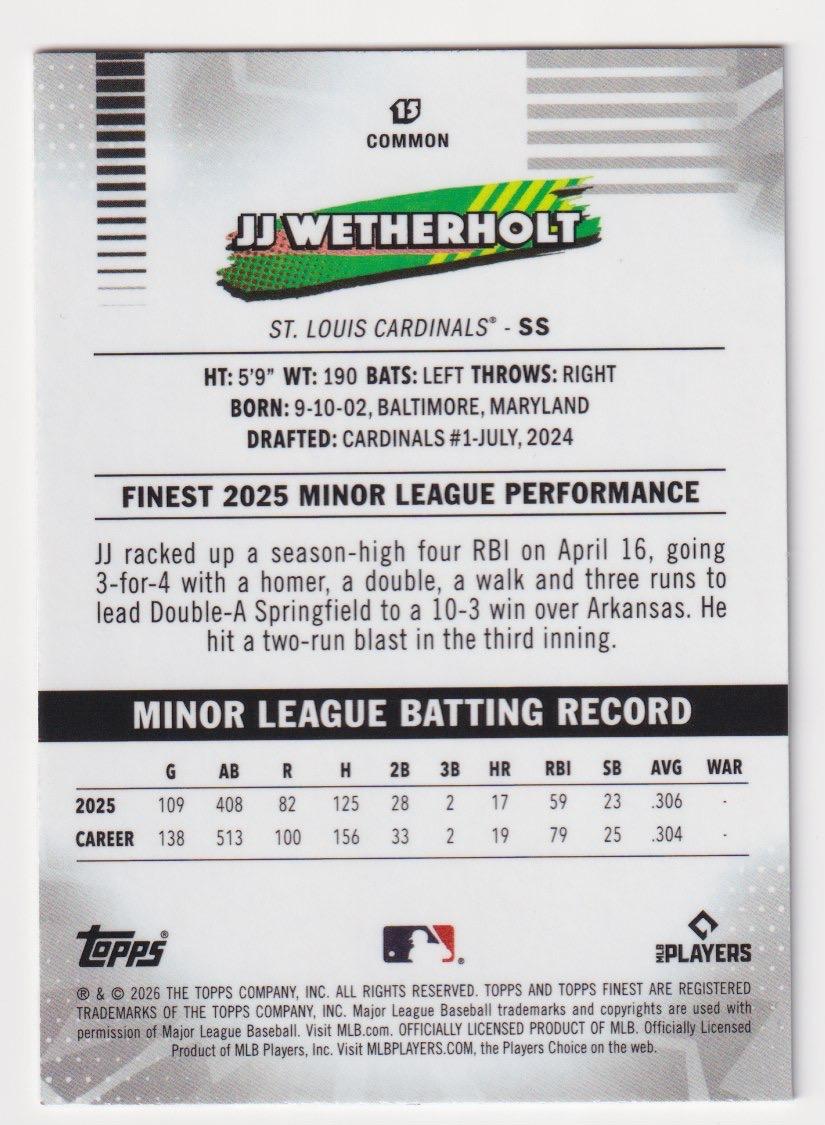 2026 Finest #15 JJ Wetherholt Pink Mini-Diamond Refractors #/250