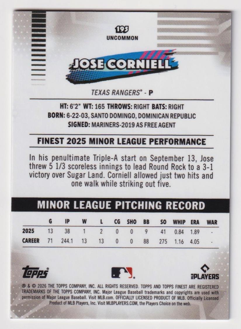 2026 Finest #195 Jose Corniell Purple Refractors #/75