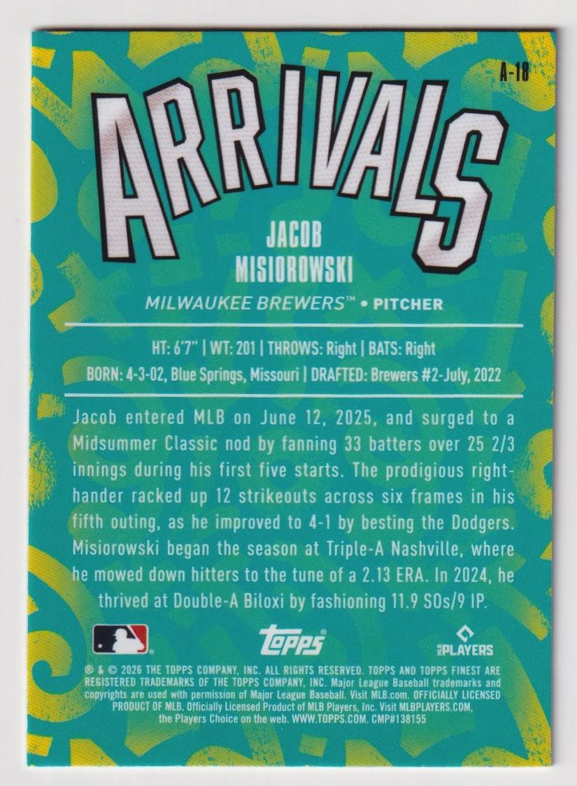 2026 Finest #A-18 Jacob Misiorowski Arrivals