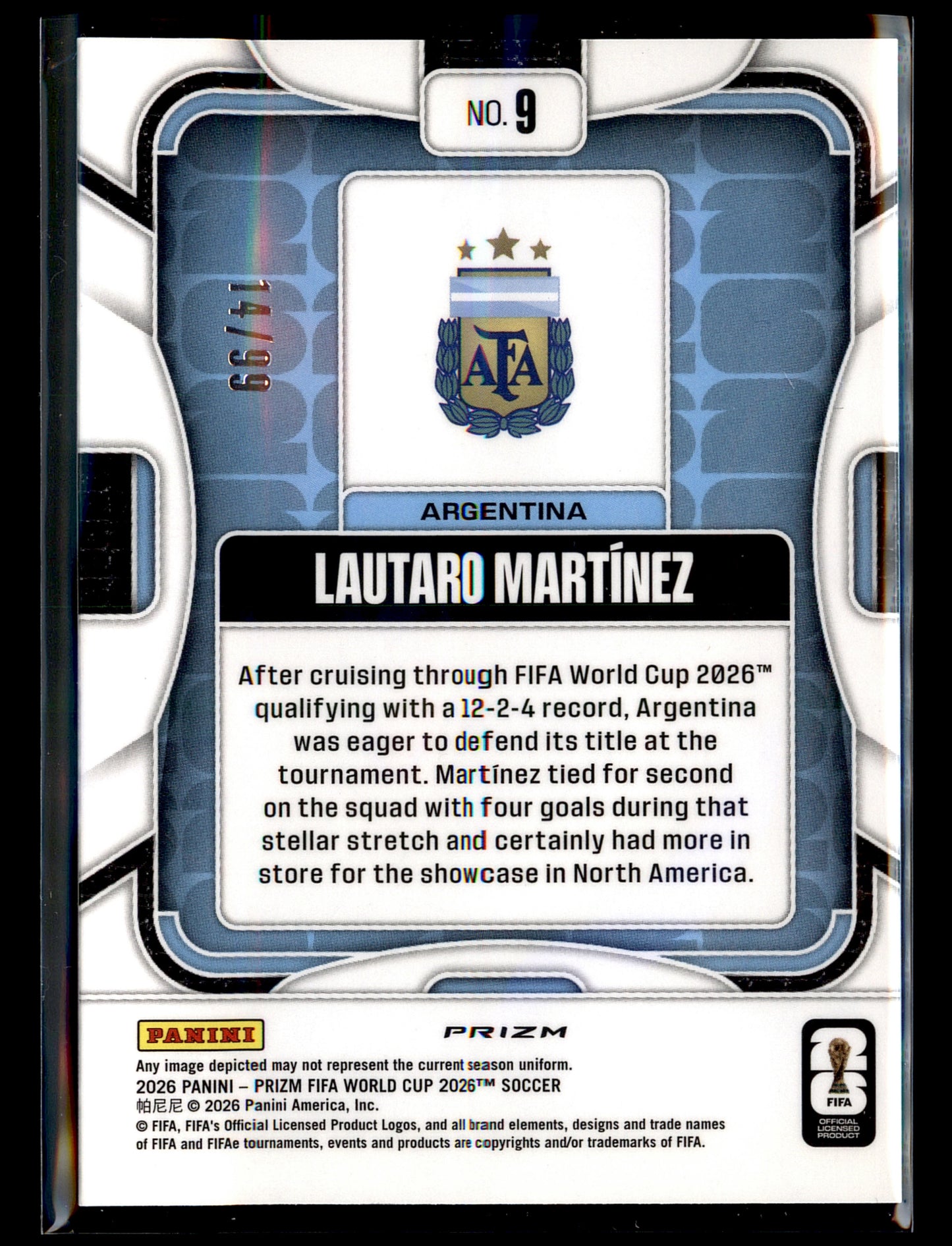 2026 Panini Prizm FIFA World Cup #9 Lautaro Martinez Teal Wave Prizms #/99