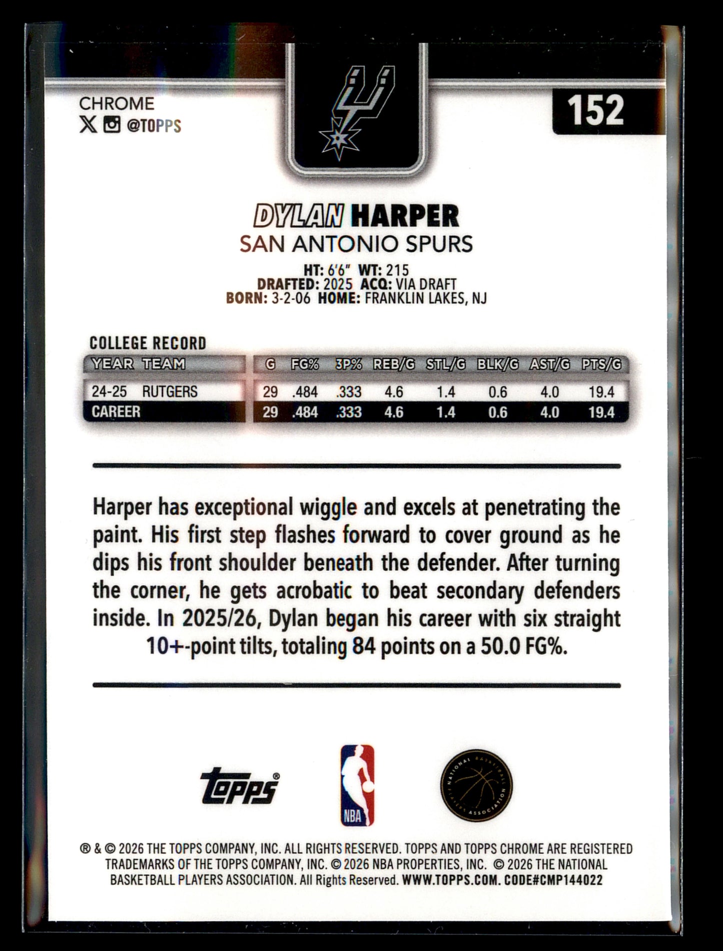 2025-26 Topps Chrome Update 152 Dylan Harper RC