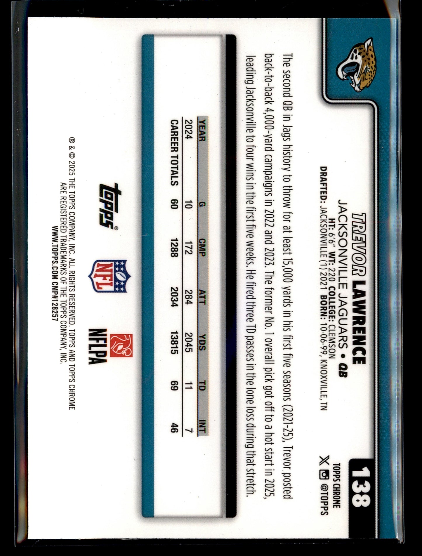 2025 Topps Chrome #138 Trevor Lawrence Green Wave Refractor #/99