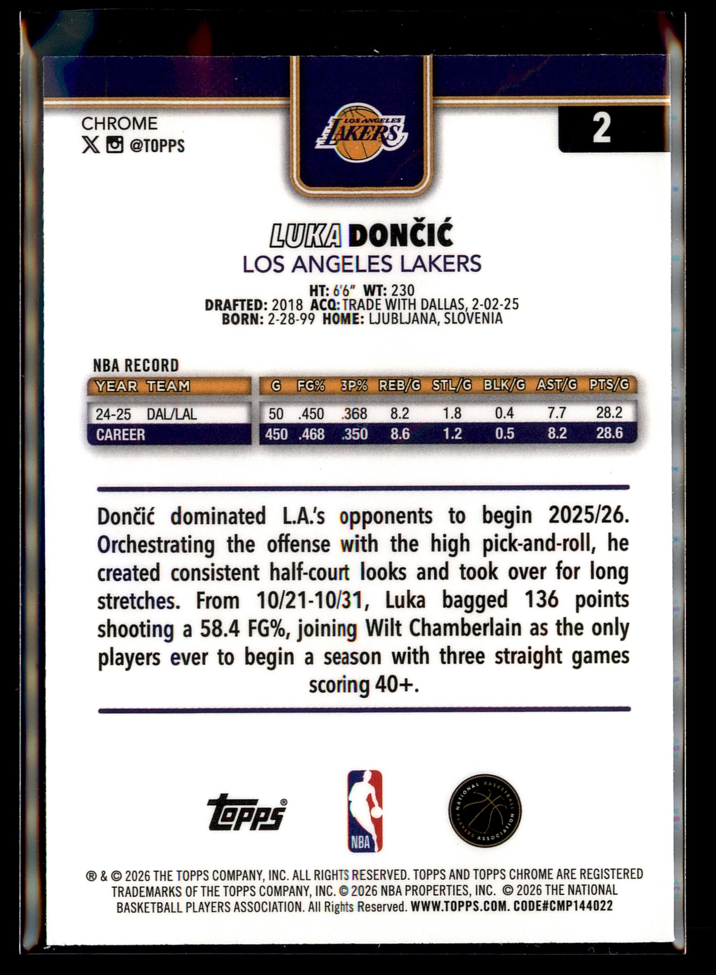 2025-26 Topps Chrome Update #2 Luka Dončić X-Fractor