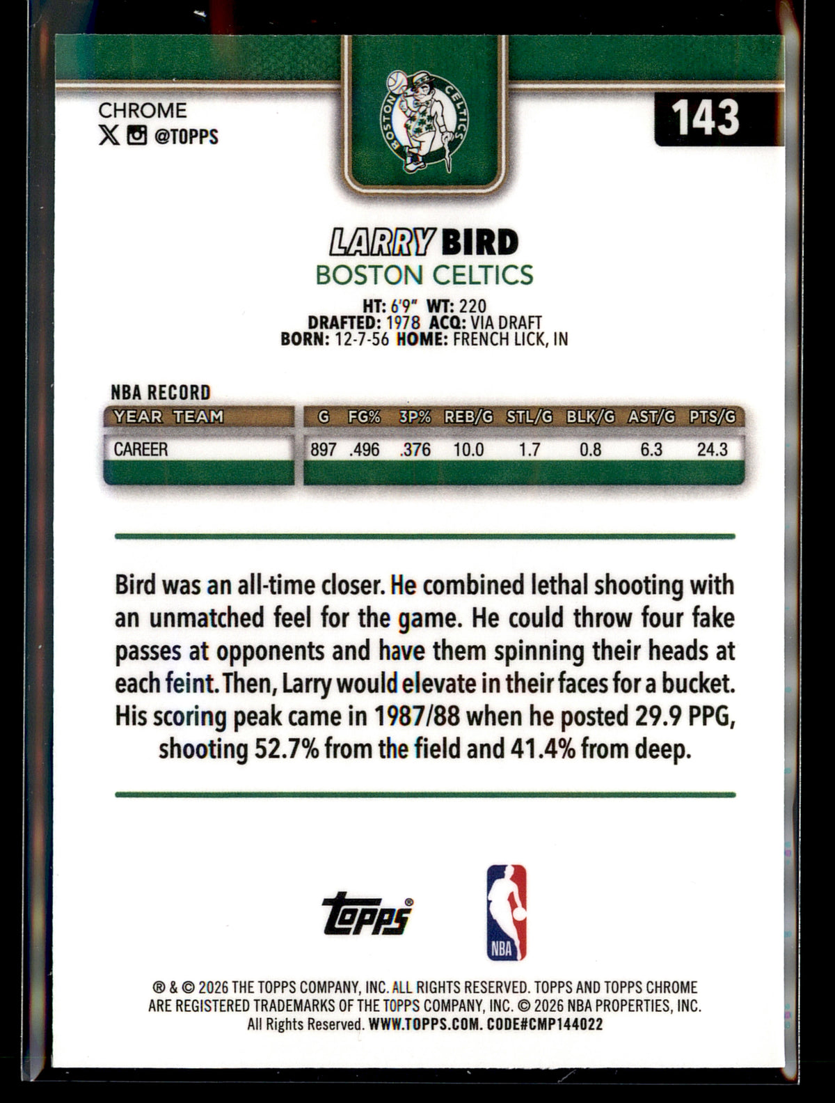 2025-26 Topps Chrome Update #143 Larry Bird RayWave Refractor