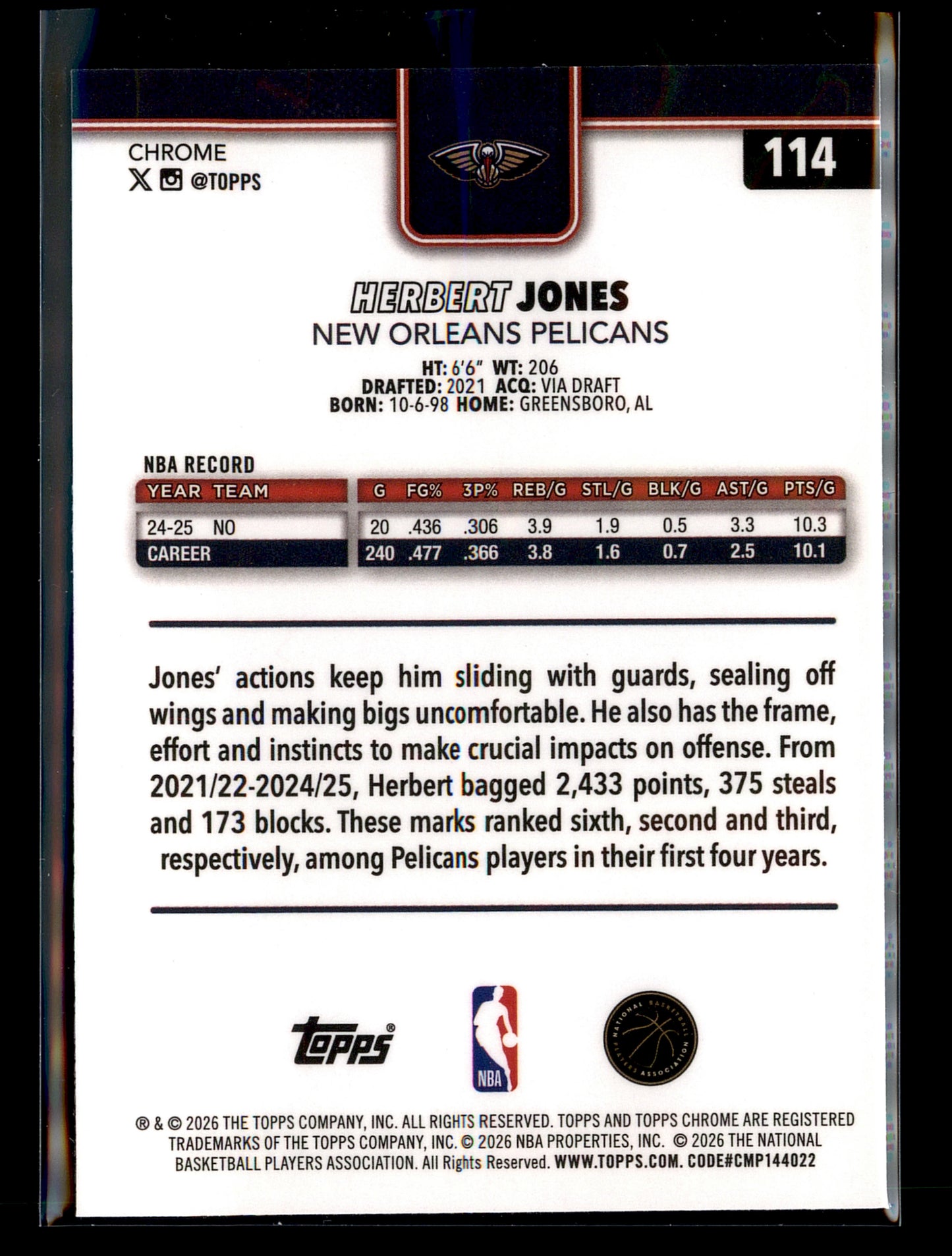 2025-26 Topps Chrome Update #114 Herbert Jones RayWave Refractor