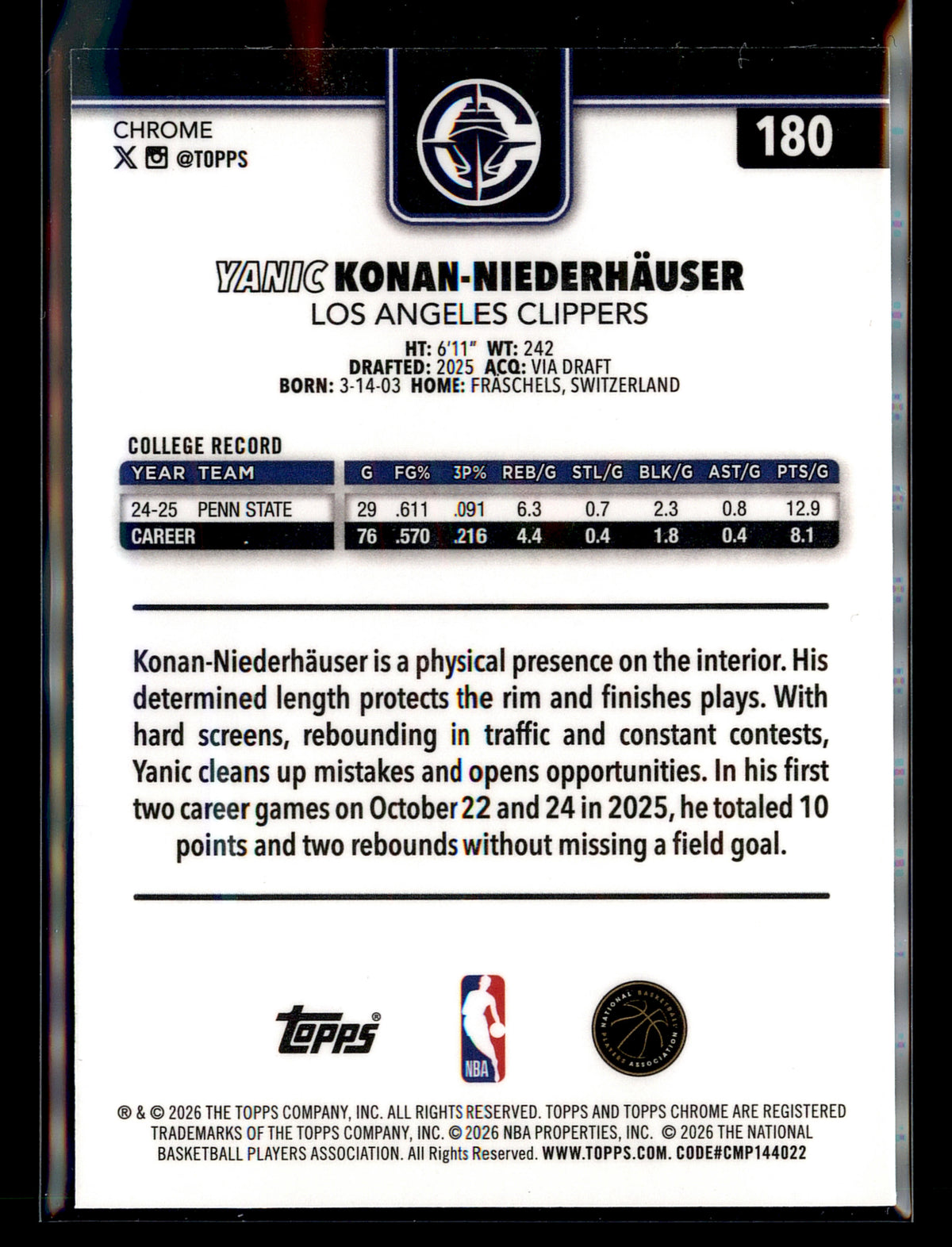 2025-26 Topps Chrome Update #180 Yanic Konan-Niederhäuser RayWave Refractor