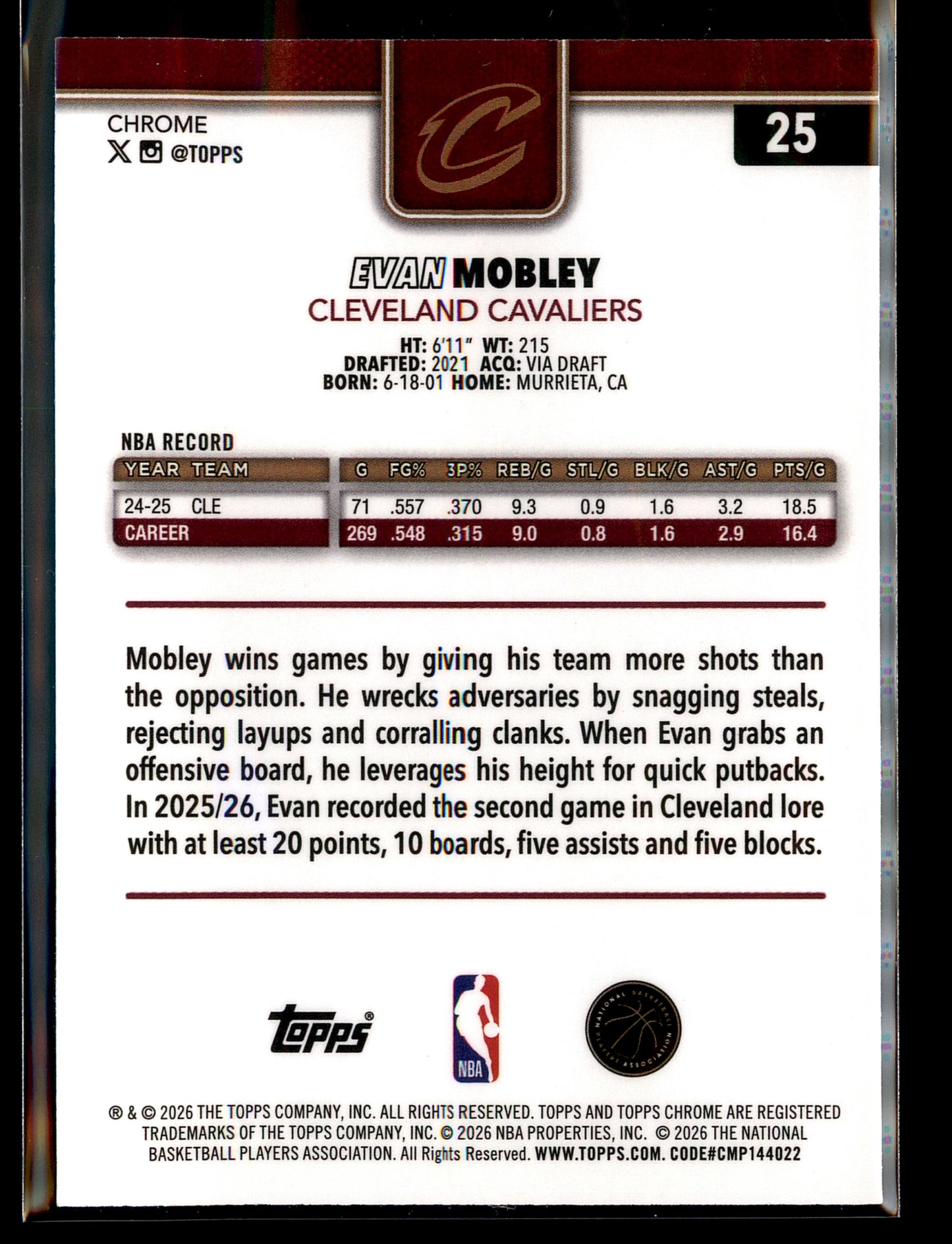2025-26 Topps Chrome Update #25 Evan Mobley X-Fractor