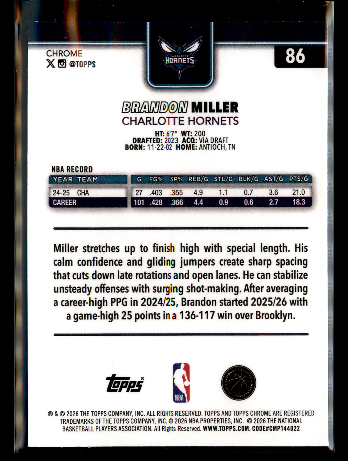 2025-26 Topps Chrome Update #86 Brandon Miller X-Fractor