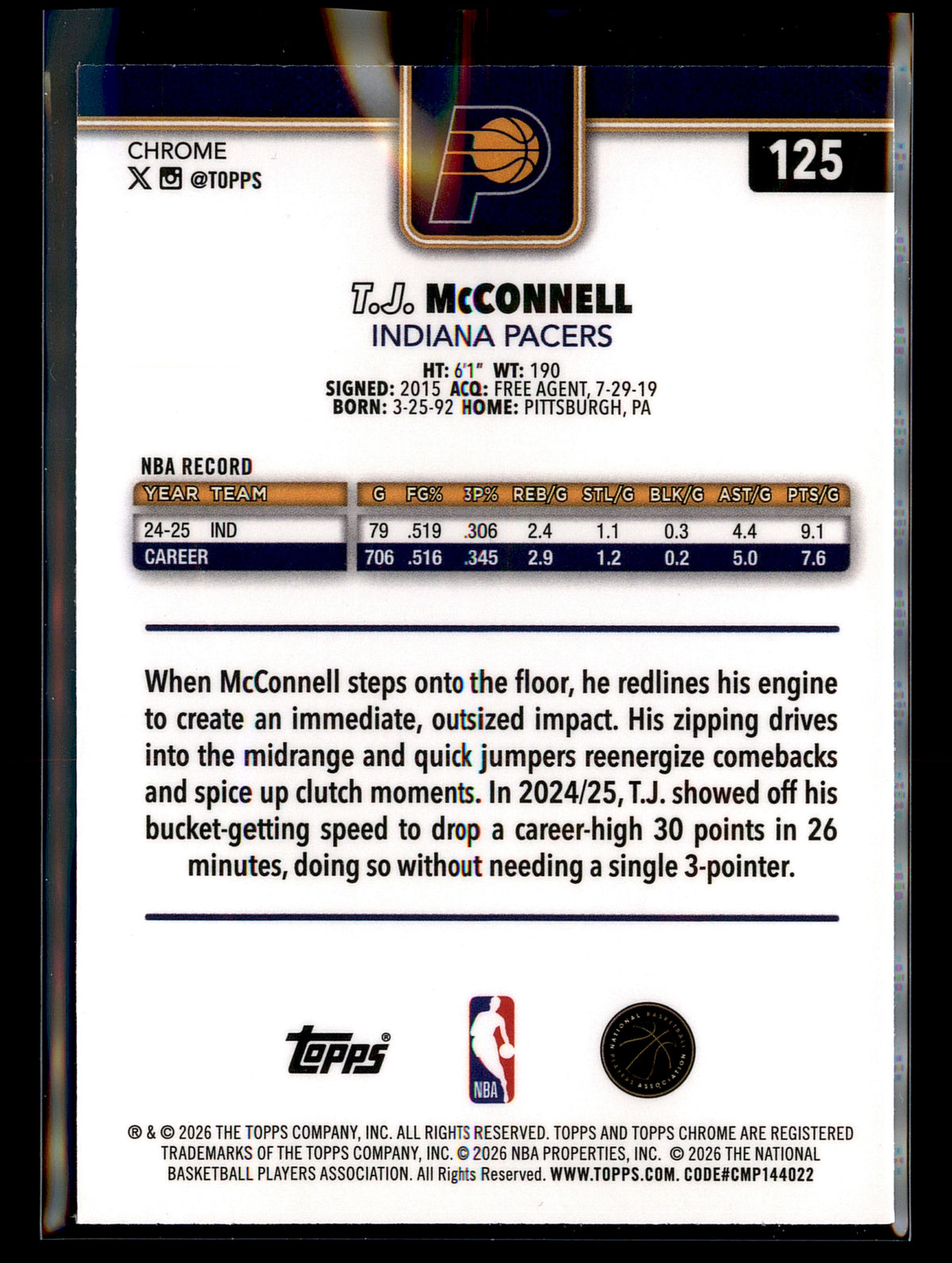 2025-26 Topps Chrome Update #125 T.J. McConnell X-Fractor