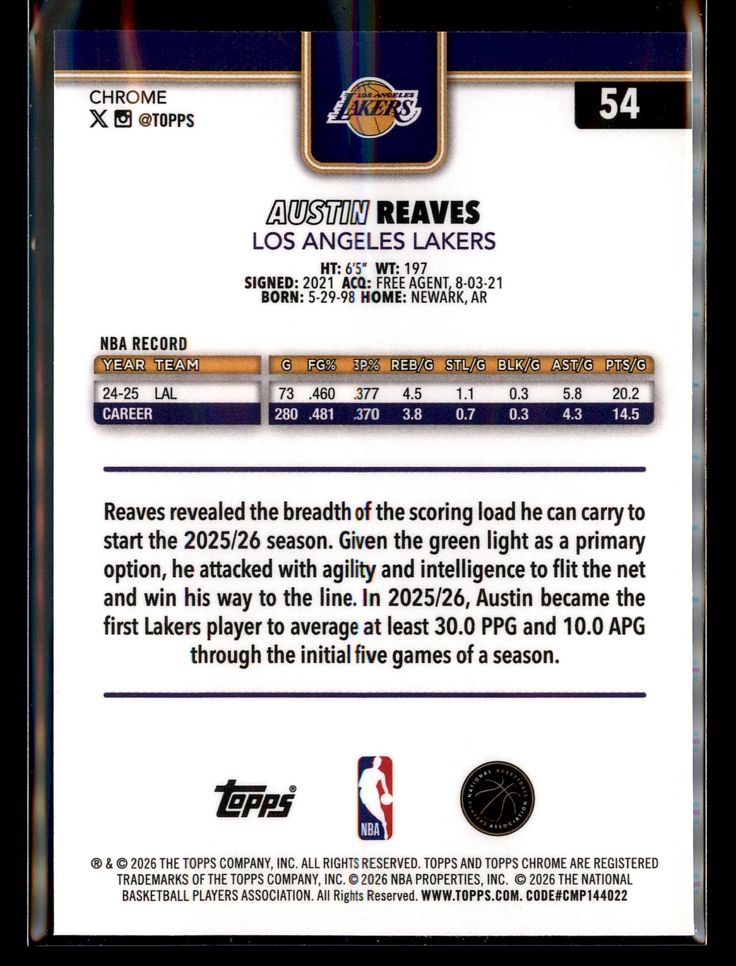 2025-26 Topps Chrome Update #54 Austin Reaves Refractor