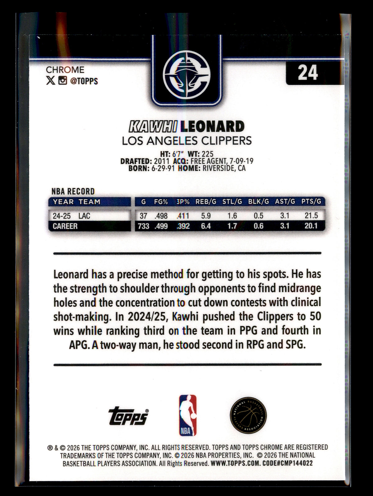 2025-26 Topps Chrome Update #24 Kawhi Leonard Refractor