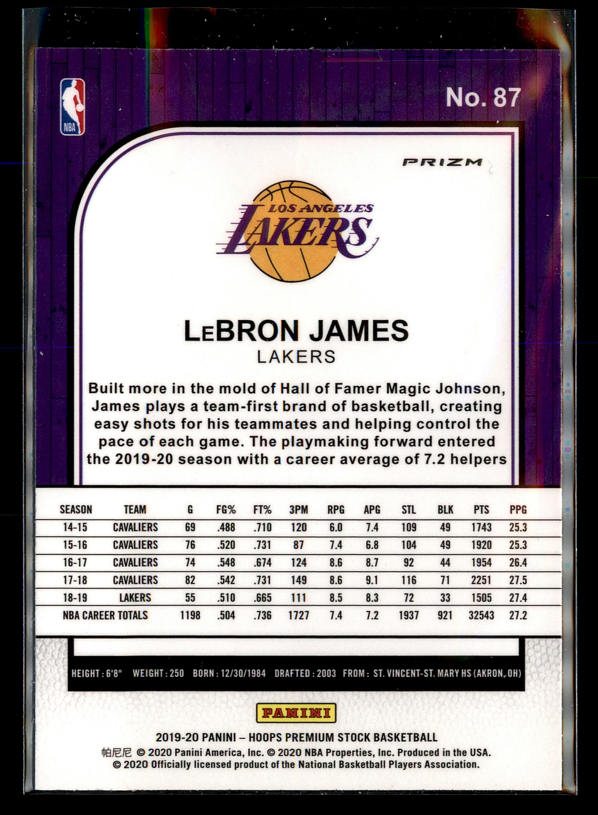 2019-20 Hoops Premium Stock #87 LeBron James Prizms Flash