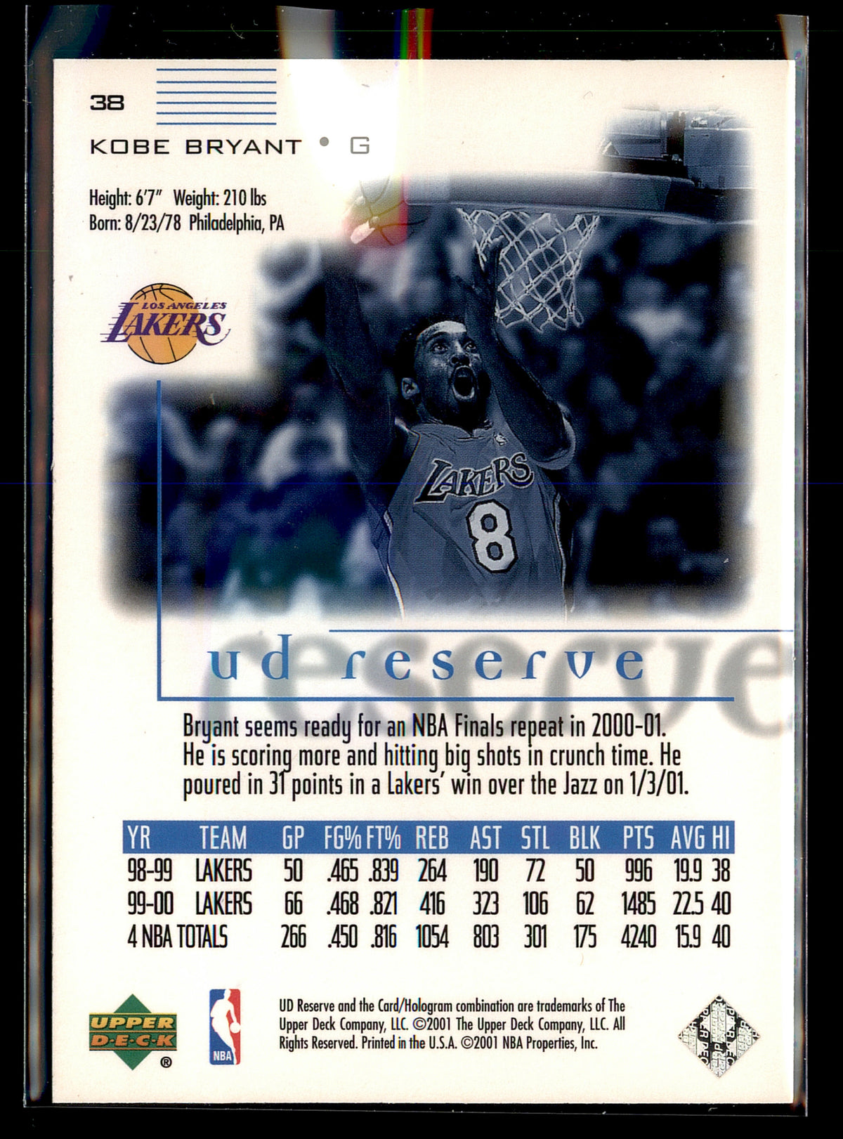 2000-01 UD Reserve #38 Kobe Bryant