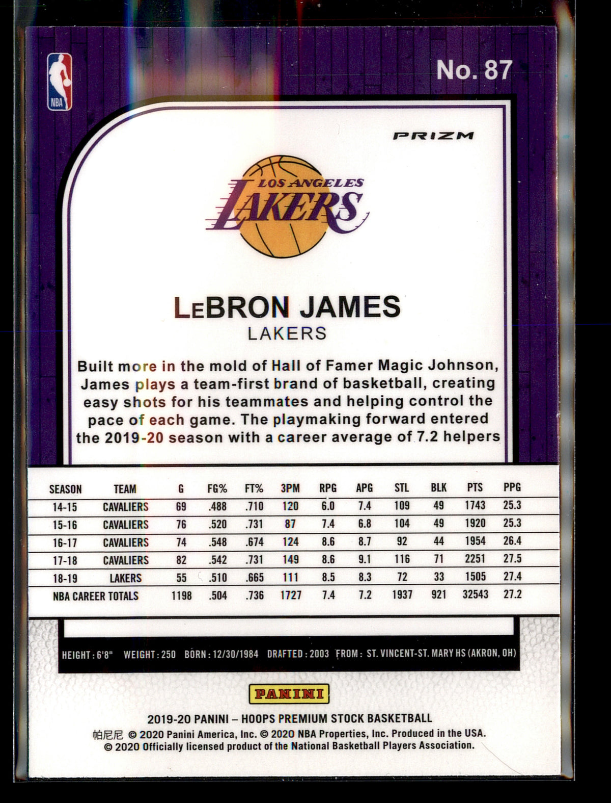 2019-20 Hoops Premium Stock #87 LeBron James Prizms Flash