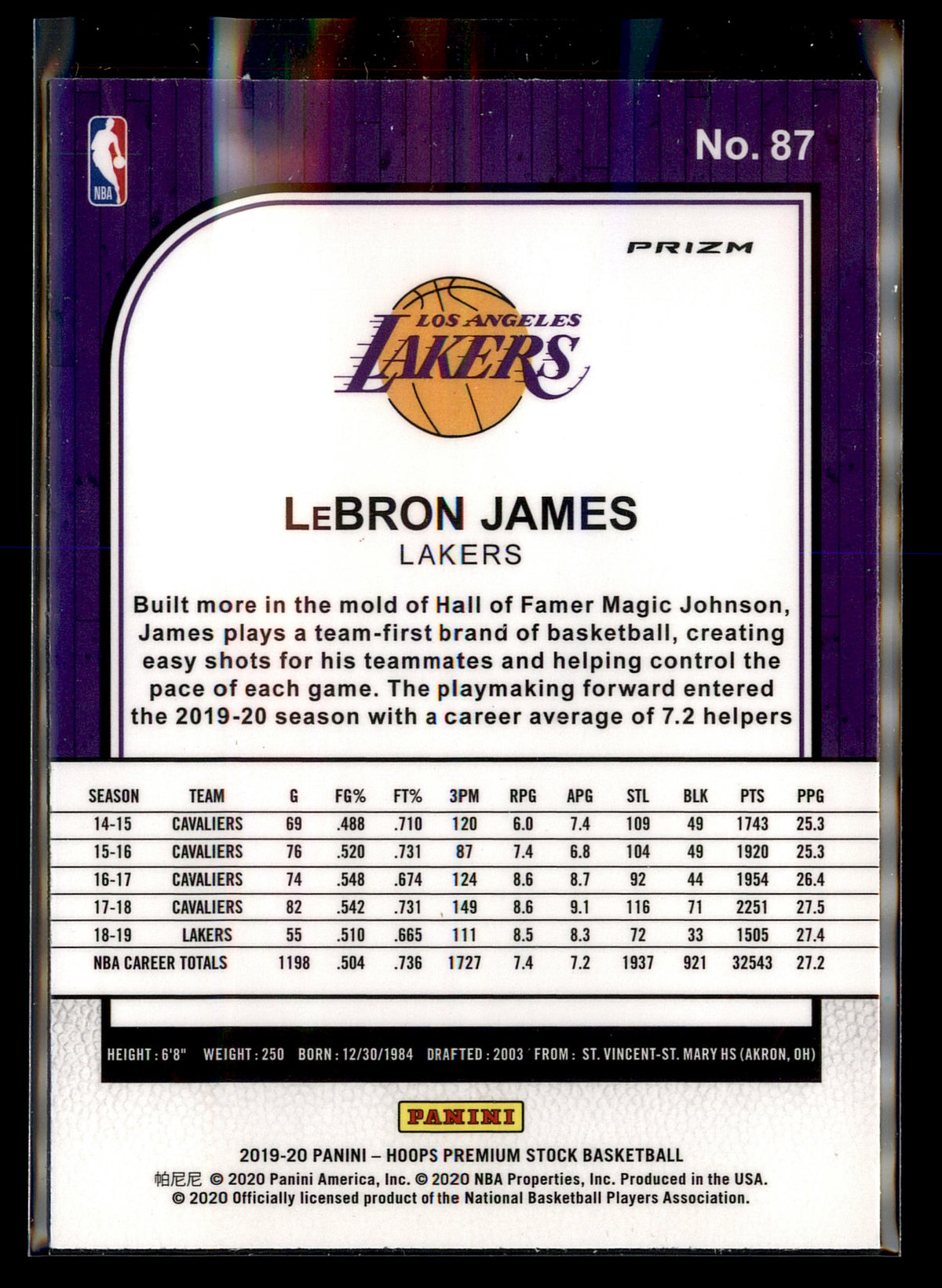 2019-20 Hoops Premium Stock #87 LeBron James Prizms Flash