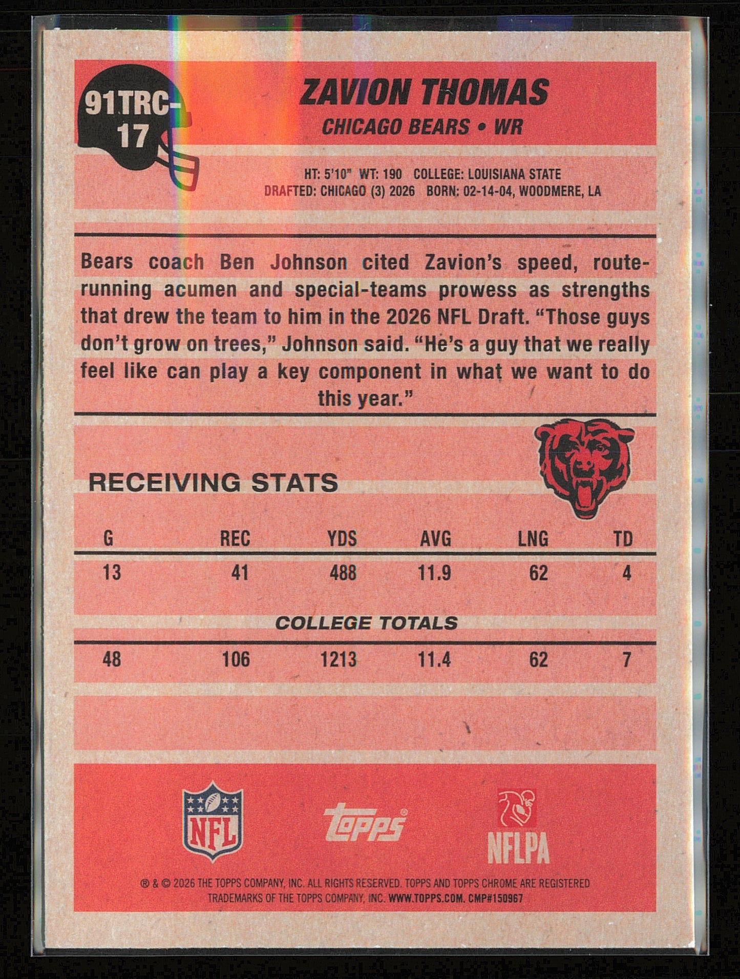 2026 Topps Flagship #91TRC-17 Zavion Thomas 1991 Topps Football Rookies Chrome