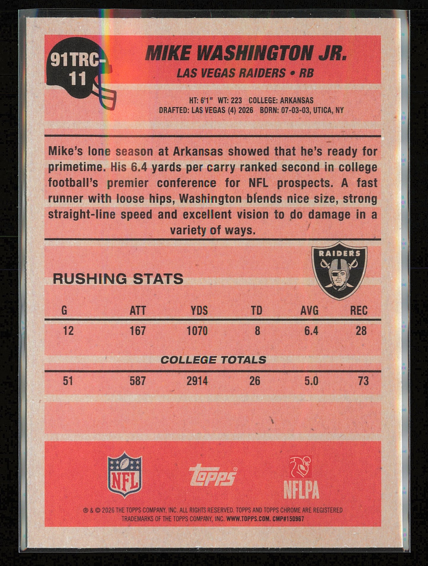 2026 Topps Flagship Mike Washington Jr. 1991 Topps Chrome Mojo Rookie #91TRC-11