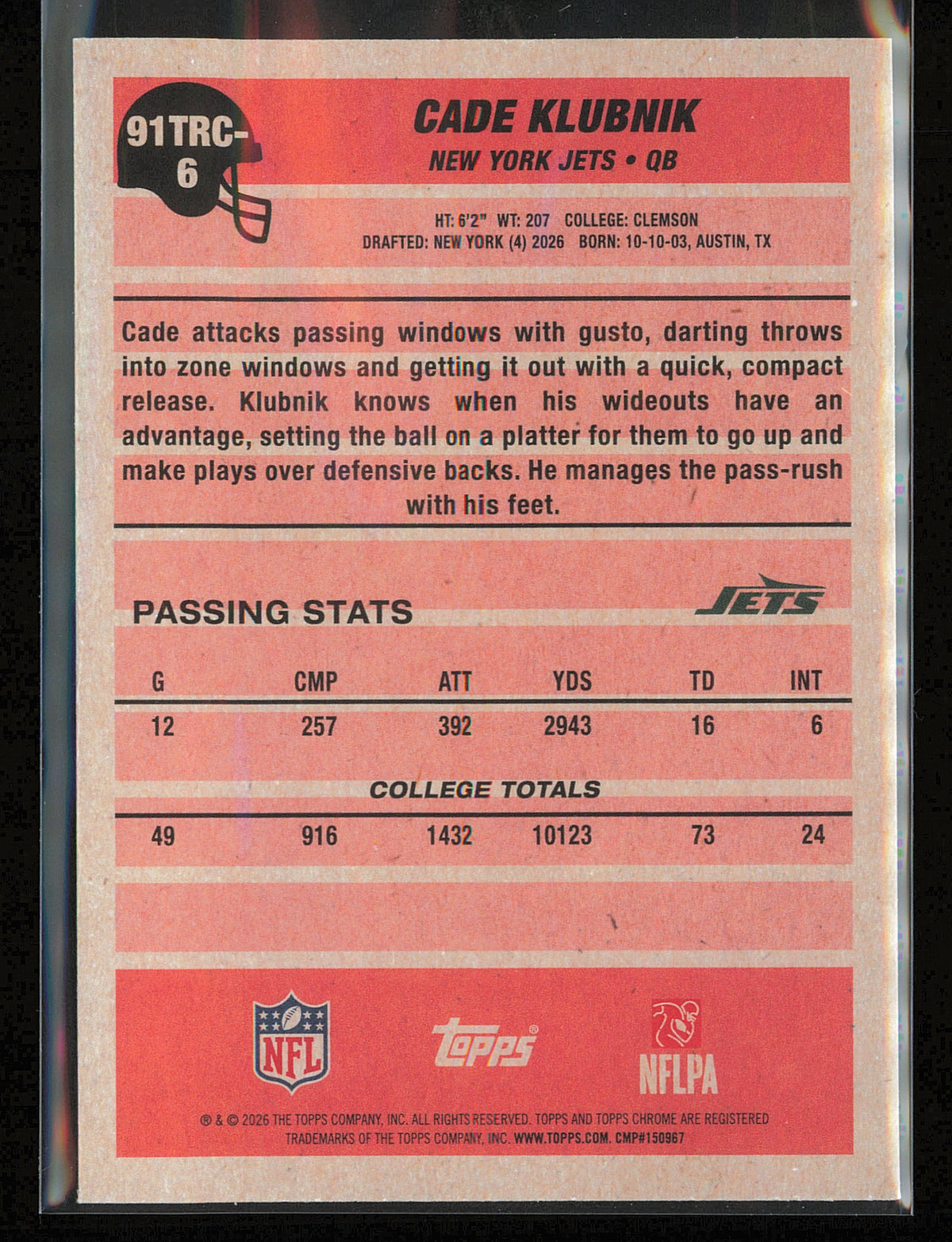 2026 Topps Flagship #91TRC-6 Cade Klubnik 1991 Topps Football Rookies Chrome