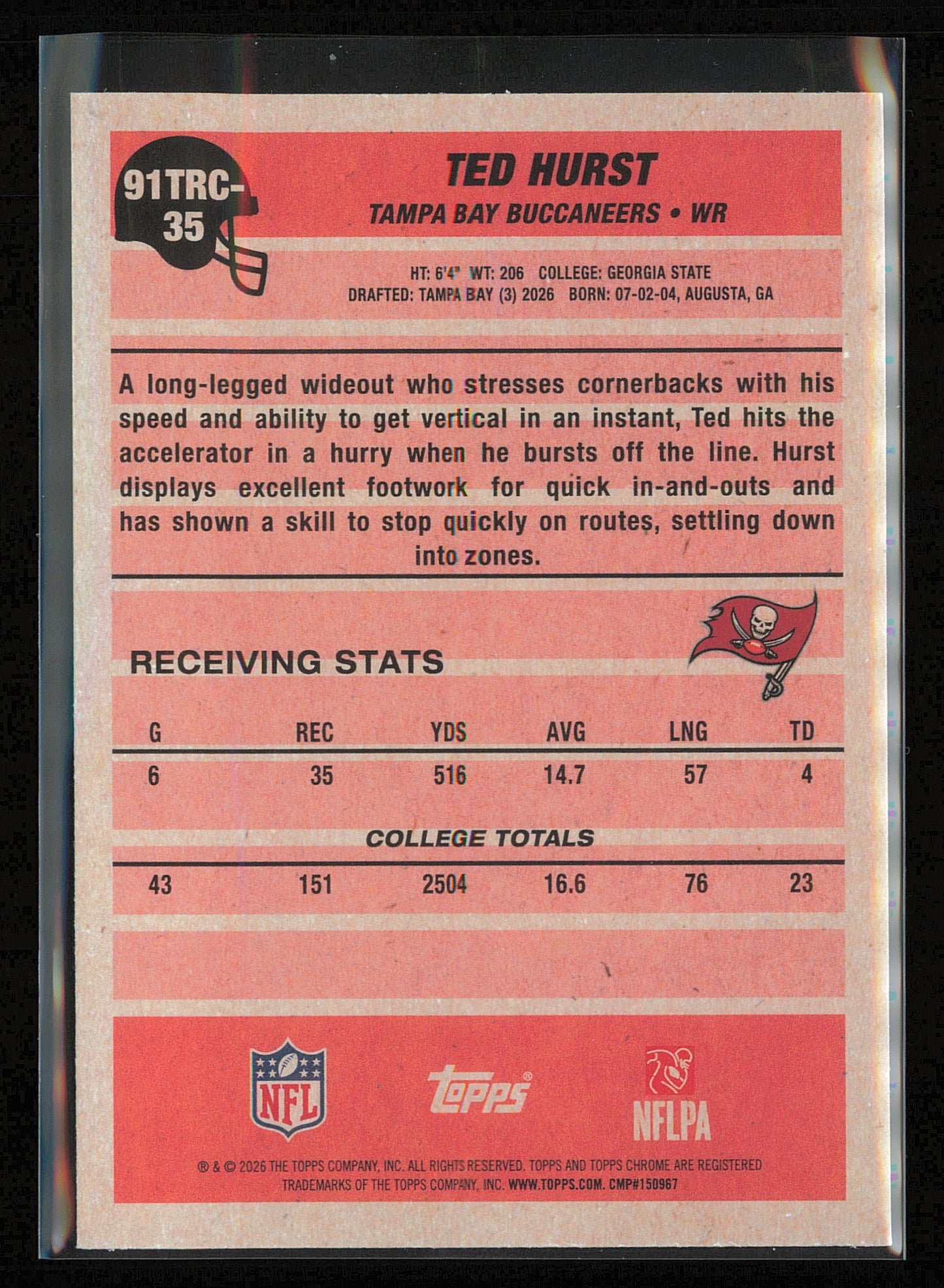 2026 Topps Flagship #91TRC-35 Ted Hurst 1991 Topps Football Rookies Chrome