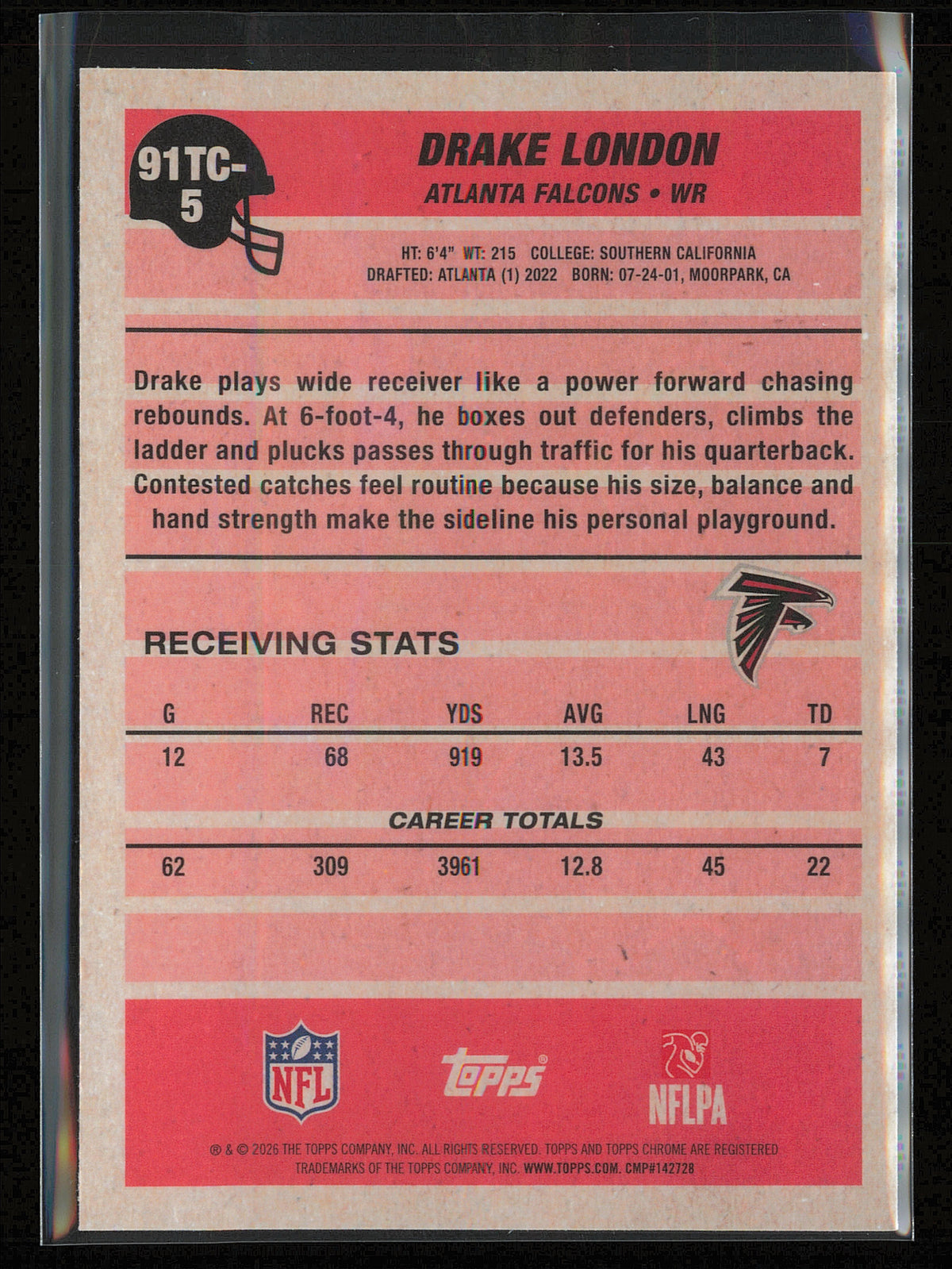2026 Topps Flagship #91TC-5 Drake London 1991 Topps Football Chrome