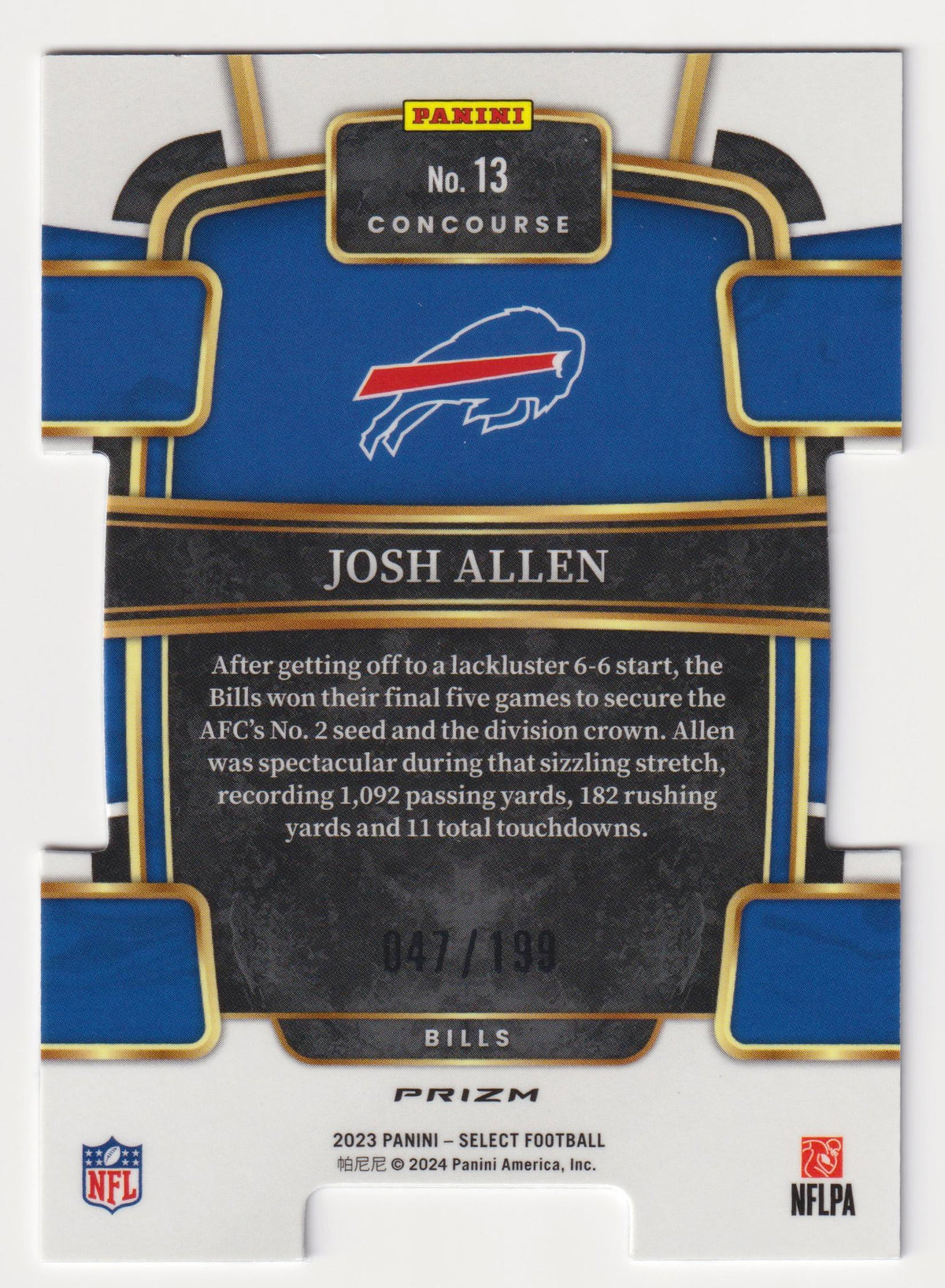 2023 Panini Select #13 Josh Allen White Prizms Die Cuts #/199