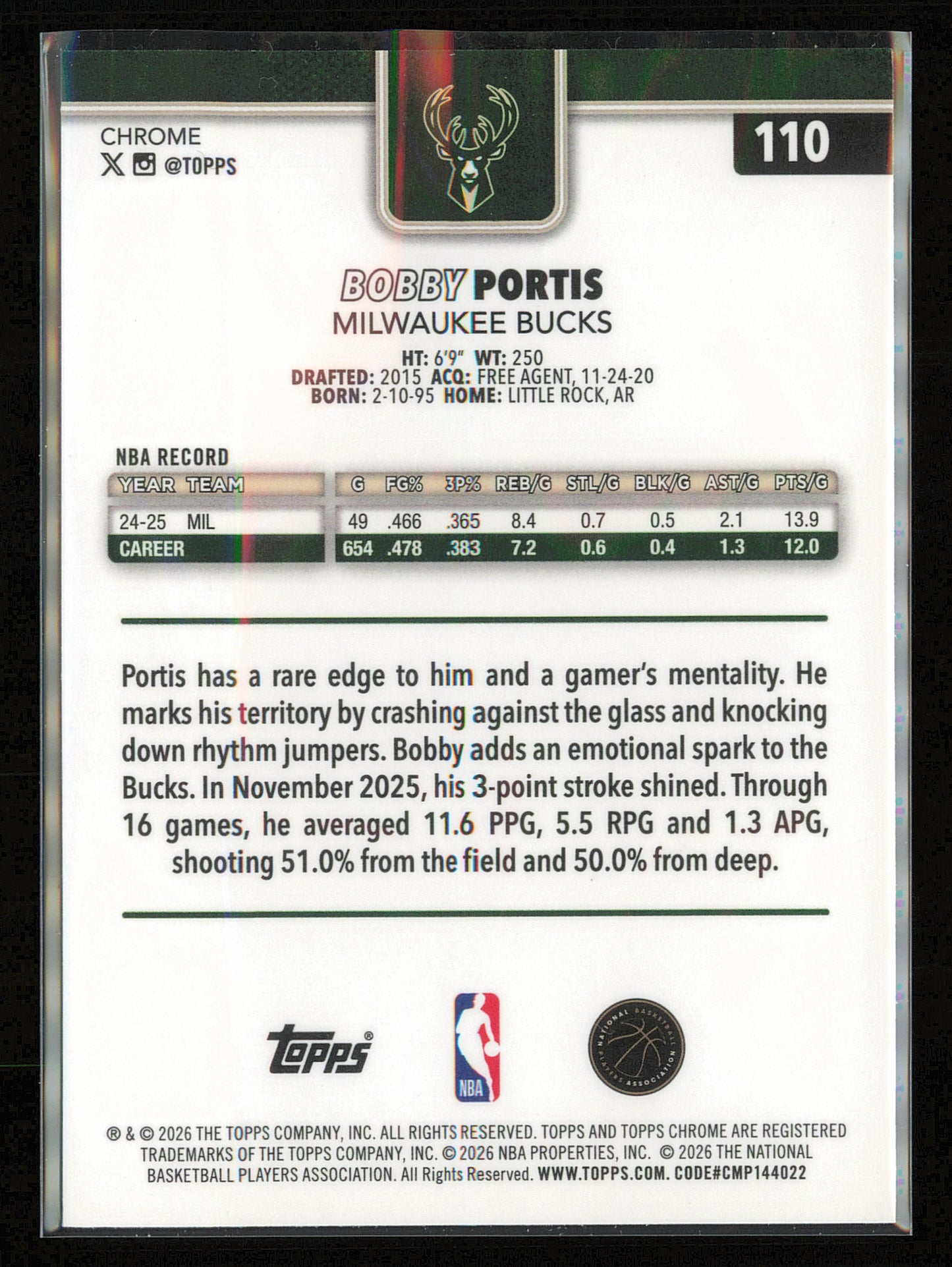 2025-26 Topps Chrome Update #110 Bobby Portis Teal Refractor #/299