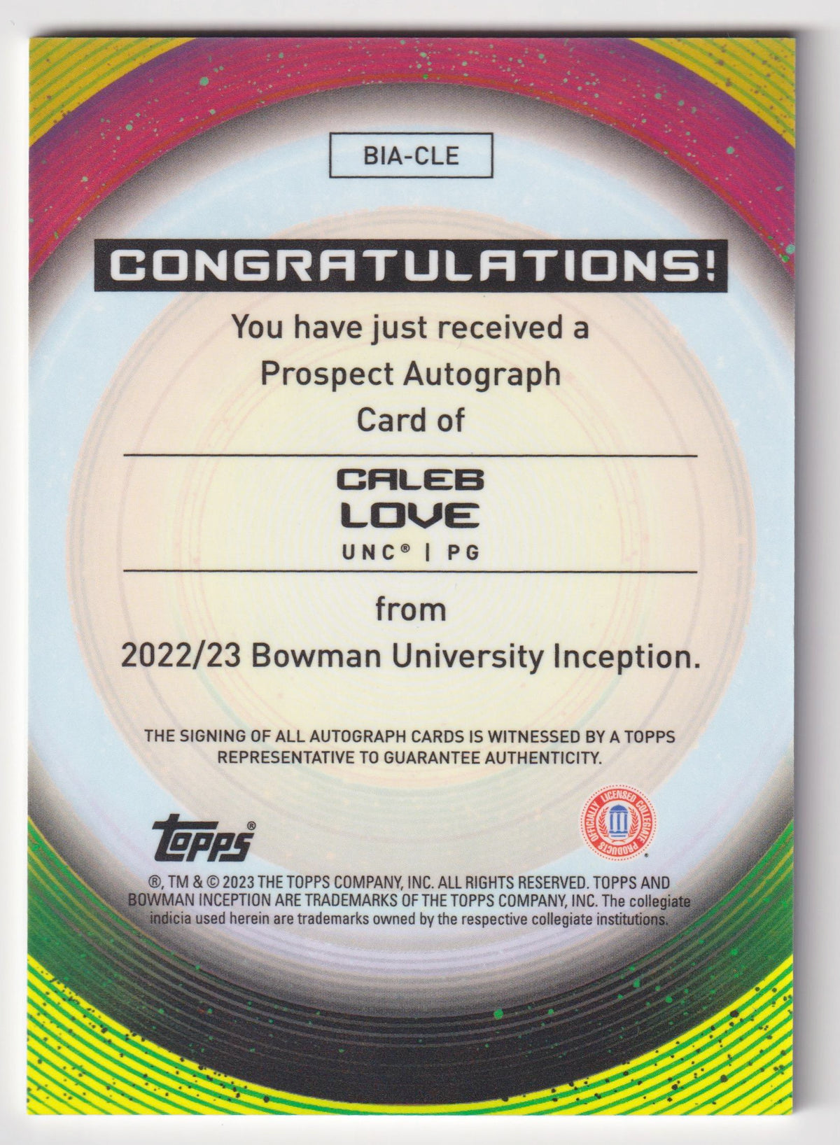 2022-23 Bowman University Inception #BIA-CLE Caleb Love Base Autographs