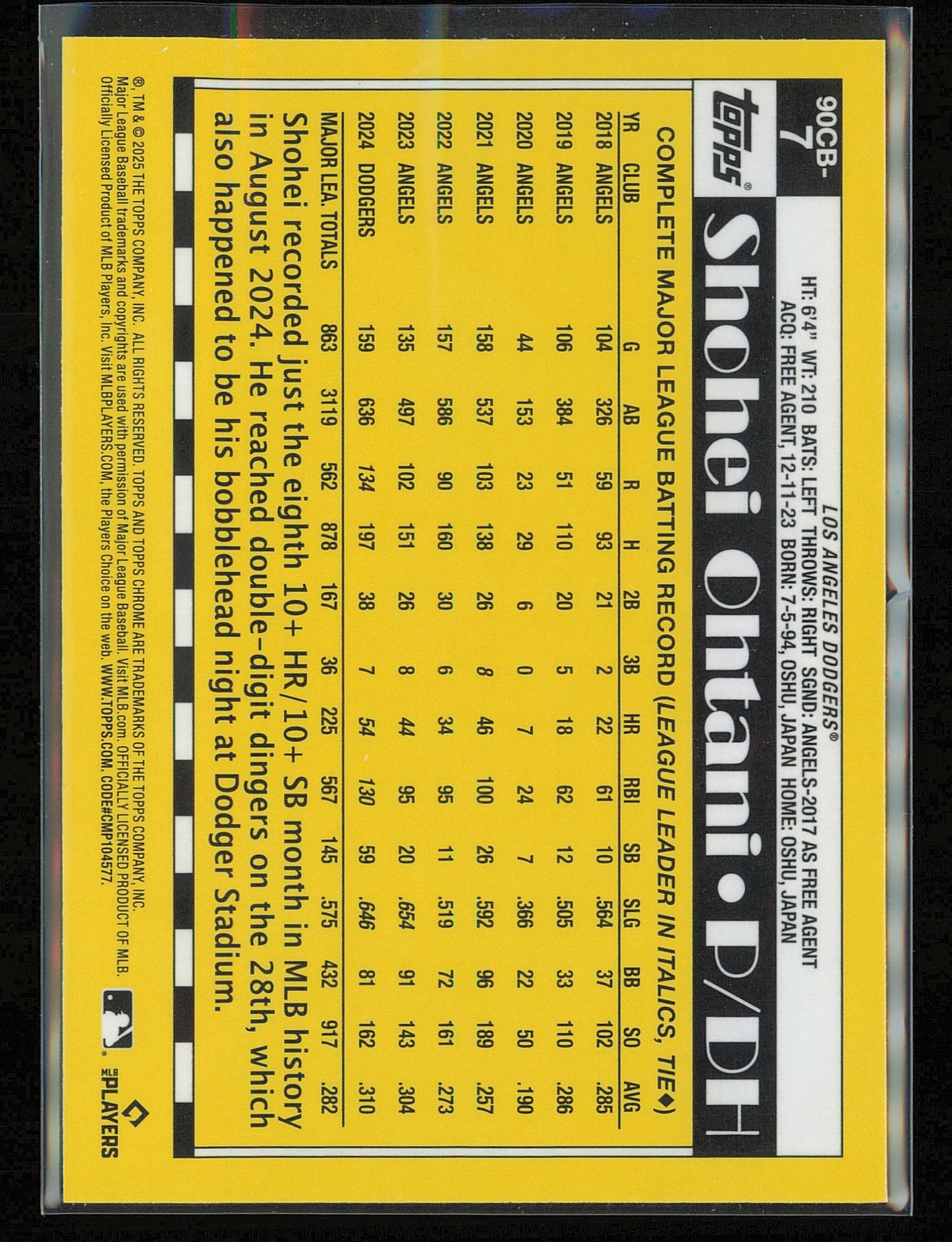 2025 Topps Chrome #90CB-7 Shohei Ohtani 1990 Topps Baseball 35th Anniversary