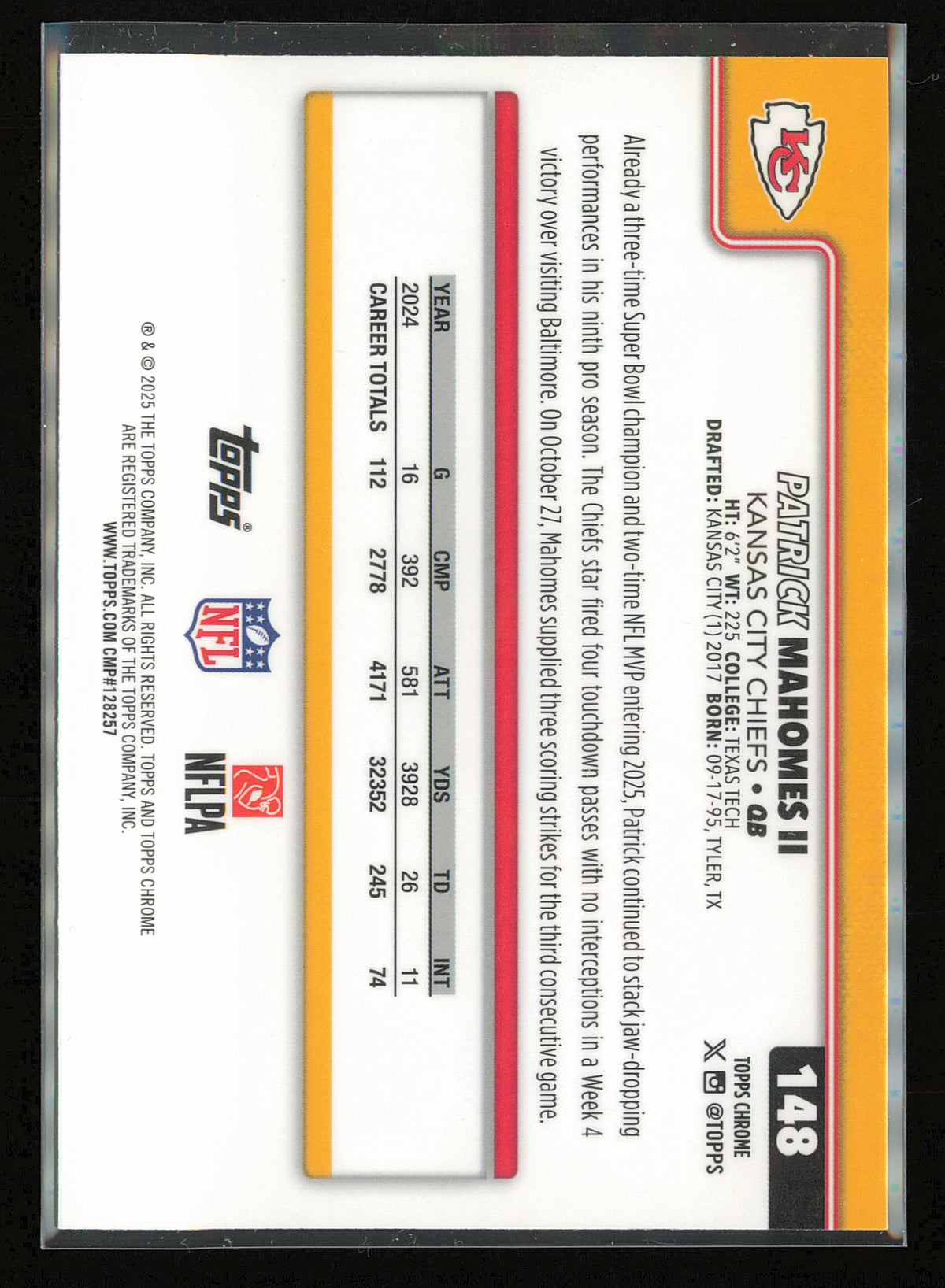 2025 Topps Chrome #148 Patrick Mahomes II Football Leather Refractor