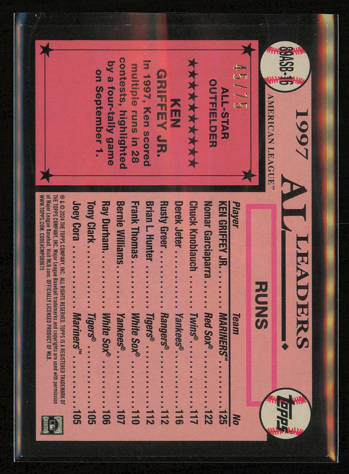 2024 Topps Series 2 - 1989 Topps Baseball All-Stars Ken Griffey Jr #89ASB-16 /75