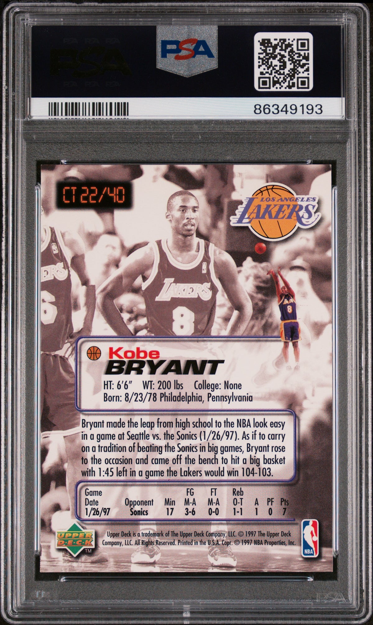 1997 Upper Deck Nestle Crunch #CT22 Kobe Bryant Nestle Crunch PSA 9