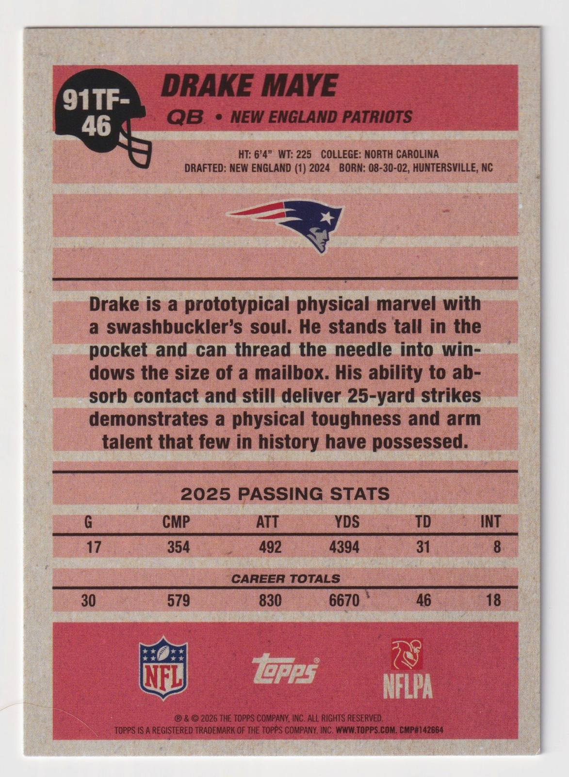 2026 Topps Flagship #91TF-46 Drake Maye 1991 Topps Football Green Crackle #/99