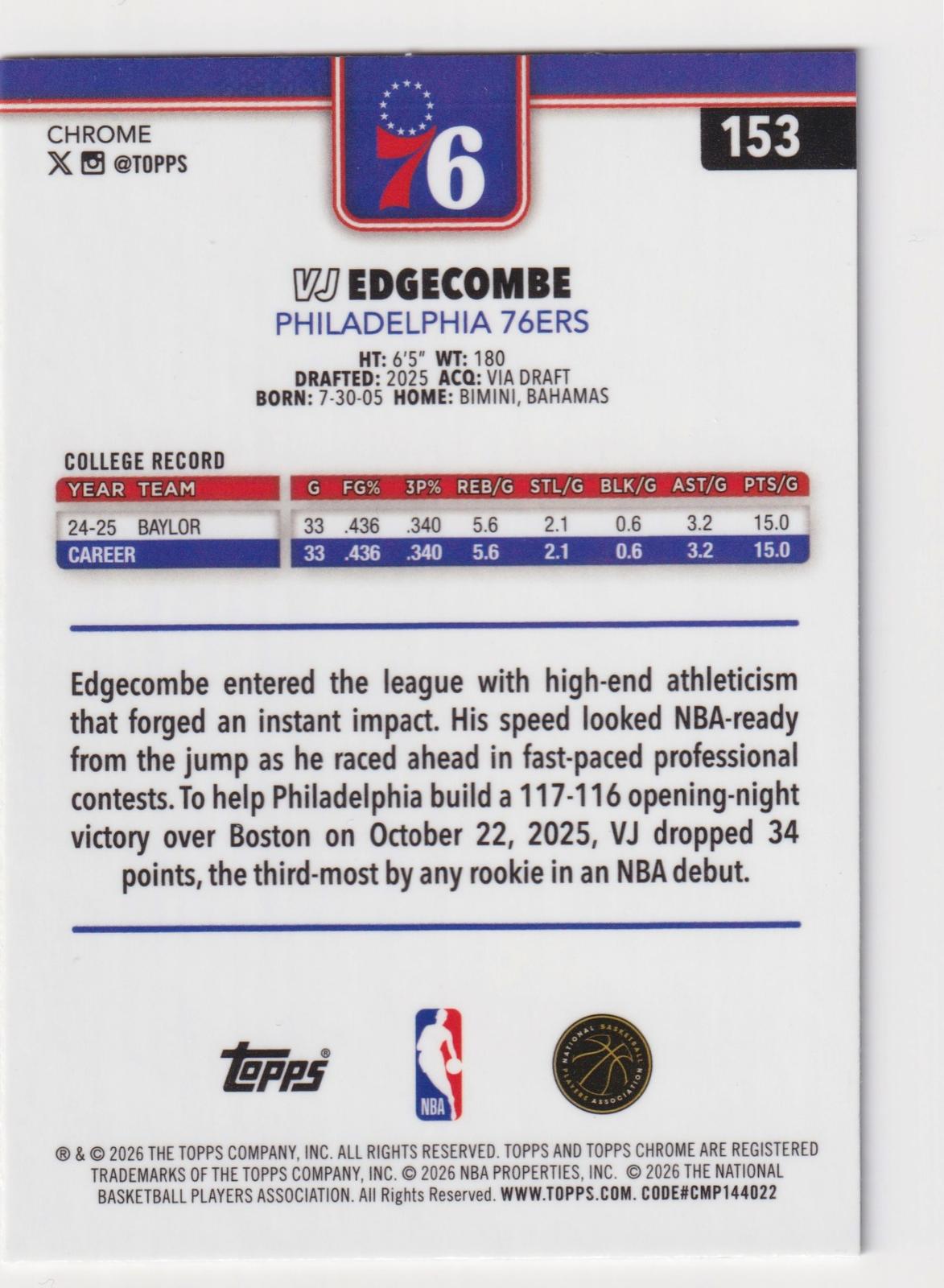 2025-26 Topps Chrome Update #153 VJ Edgecombe X-Fractor
