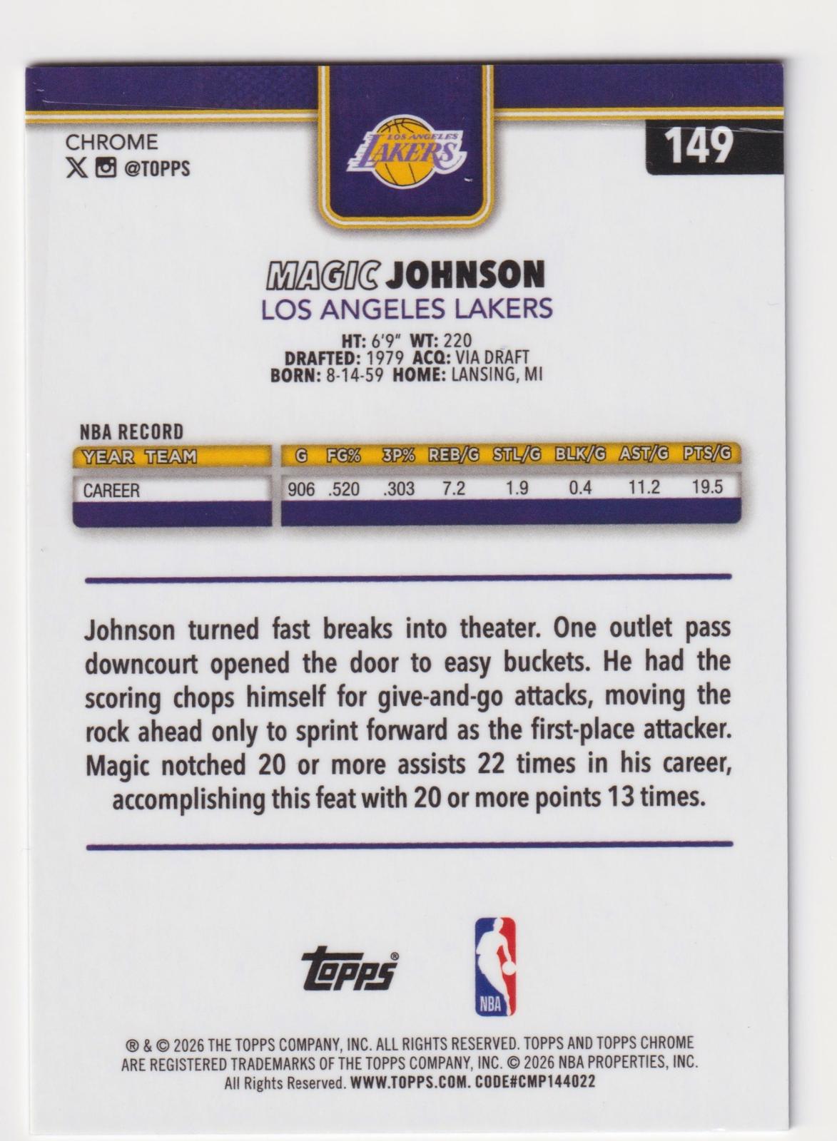 2025-26 Topps Chrome Update #149 Magic Johnson Purple RayWave Refractor #/75