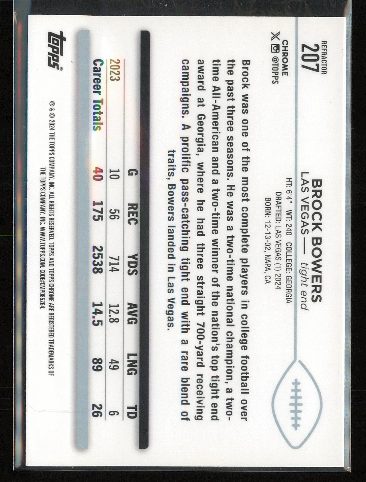 2024 Topps Chrome #207 Brock Bowers Refractor