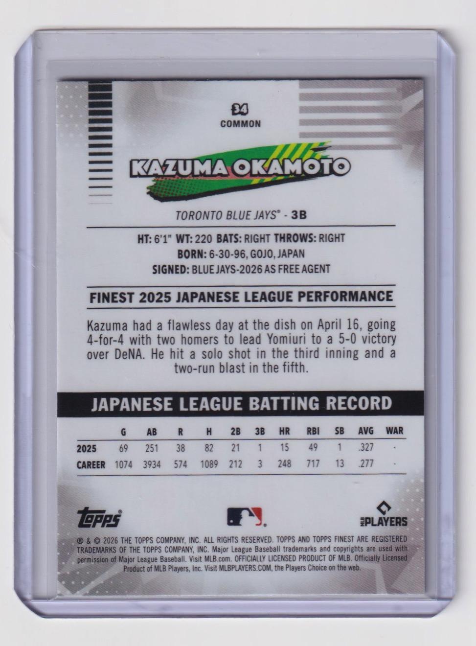 2026 Finest #34 Kazuma Okamoto