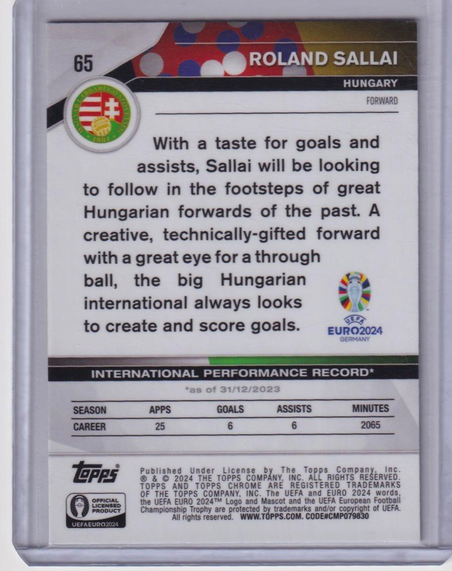 2024 Topps Chrome UEFA EURO #65 Roland Sallai Neon Green Refractor #/150