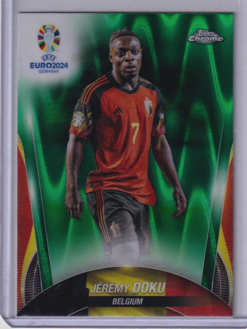 2024 Topps Chrome UEFA EURO #18 Jérémy Doku Green Ray Wave Refractor