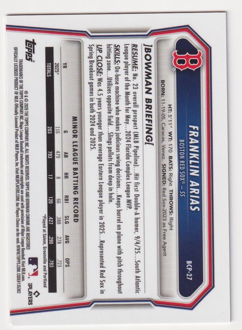 2026 Bowman Chrome GOLD REPTILIAN REFRACTOR/50 Franklin Arias Red Sox #BCP-27