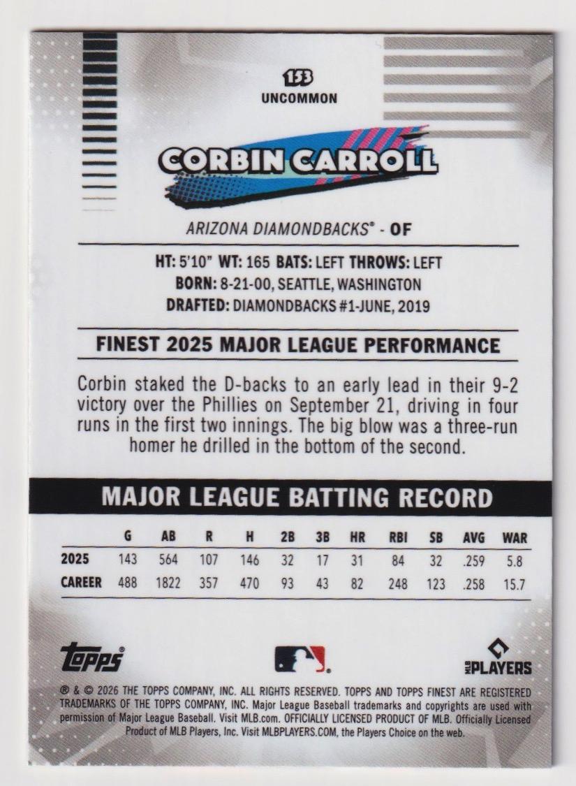 2026 Finest #153 Corbin Carroll Pink Mini-Diamond Refractors #/250