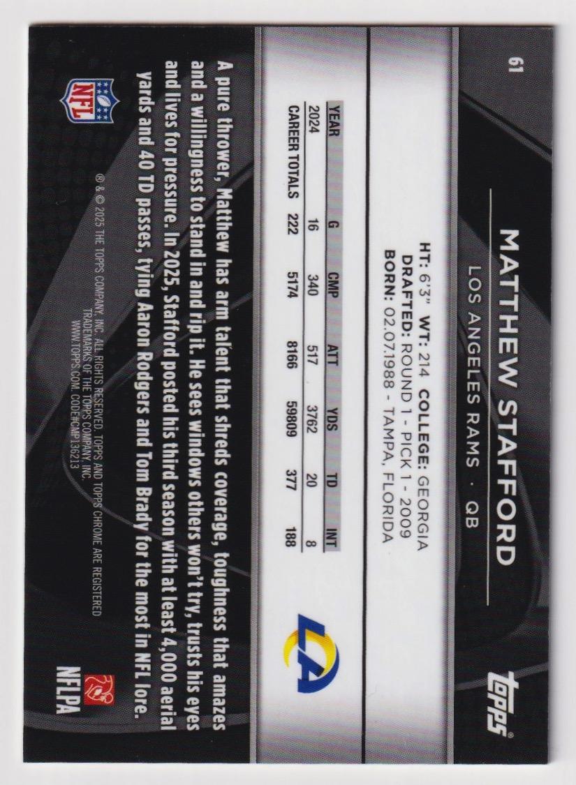 2025 Topps Chrome Black #61 Matthew Stafford Green Refractor #/99
