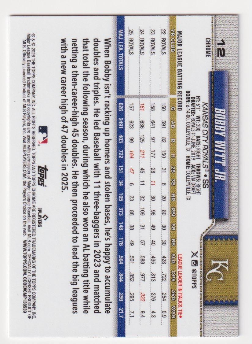 2026 Topps Chrome #12 Bobby Witt Jr. Red White and Blue Refractors