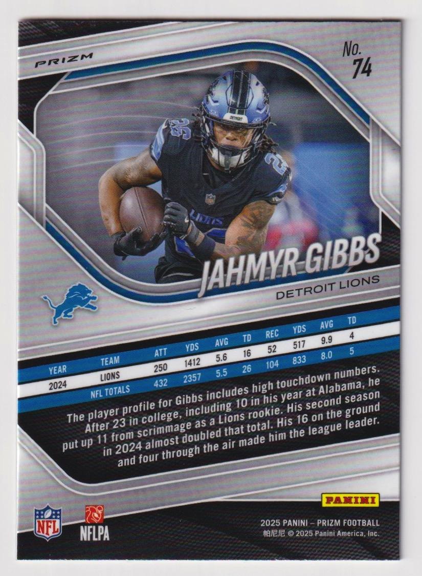 2025 Panini Prizm #74 Jahmyr Gibbs Pink